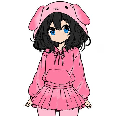 pretty anime girl wearing a fluffy hoodie with bunny ears on the hood and a skirt