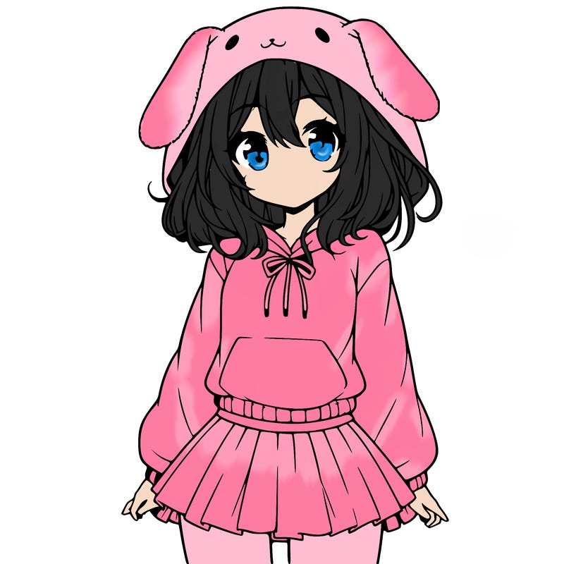 pretty anime girl wearing a fluffy hoodie with bunny ears on the hood and a skirt