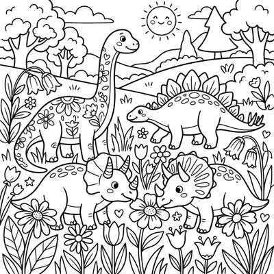 Unleash prehistoric creativity with this delightful spring dinosaur coloring page, specially designed for toddlers. Featuring friendly dinos amidst blooming flowers, it's an easy and fun way to explore colors and the wonders of spring.