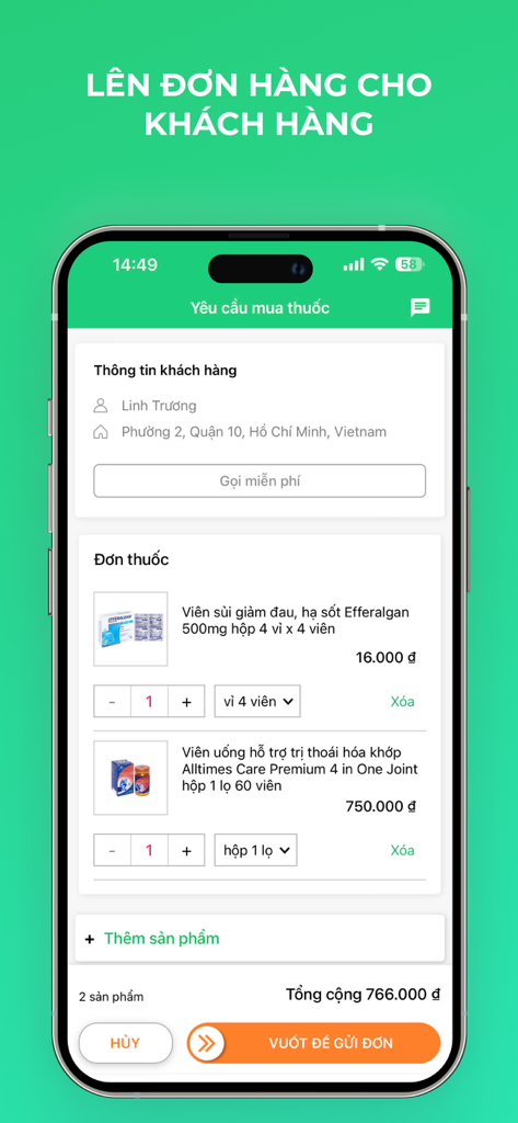 Medigo Đối Tác - Interface of the Medigo Partner app showing a customer order for medicines
