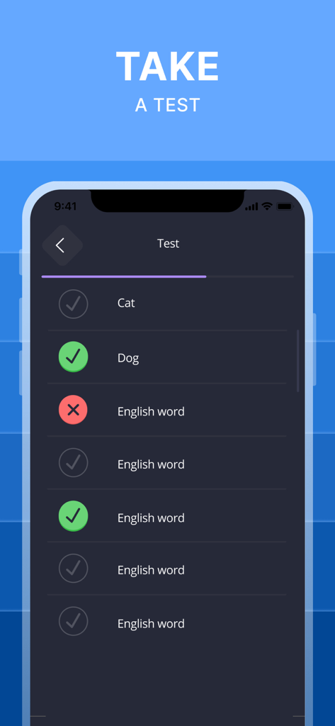 English language vocabulary test screen showing correct and incorrect answers