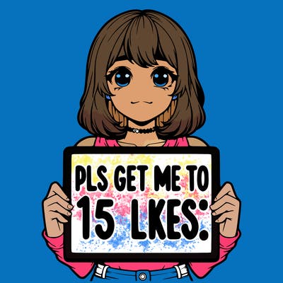 realistic girl holding up a sign that says “pls get me to 15 likes!”