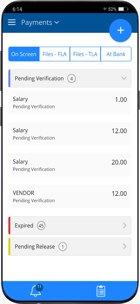 Mobile dashboard of HDFC Bank Corp app displaying pending payment authorizations