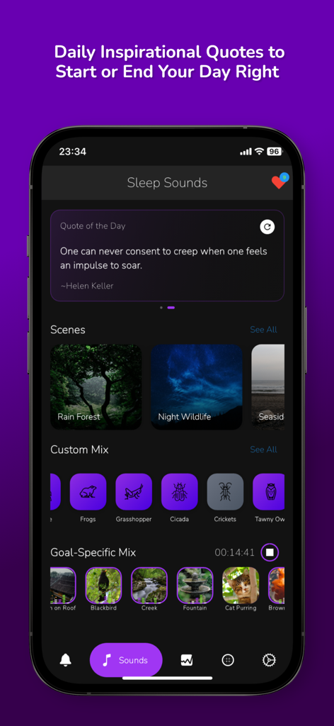 Sleep Sounds • Alarm & Tracker - Interfaz de la aplicación SlumberSpace mostrando una cita inspiradora diaria y varias opciones de sonidos de la naturaleza para dormir