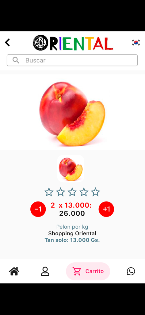 Shopp Oriental - Una página de producto en la app Shopp Oriental mostrando un durazno nectarino con precio y botones de selección de cantidad.