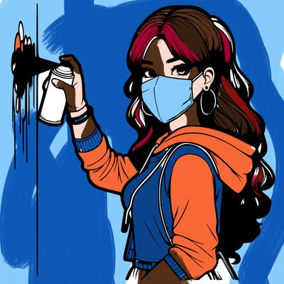 realistic girl with mask spray painting a wall