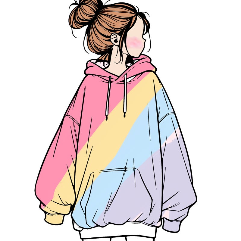 realistic girl with a oversized sweatshirt on and a bun