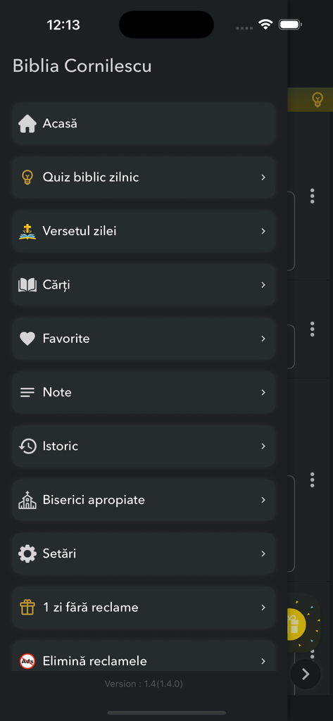 Biblia Cornilescu - Navigation menu of the Biblia Cornilescu app featuring options for Bible quiz, verse of the day, and church locations in Romanian language