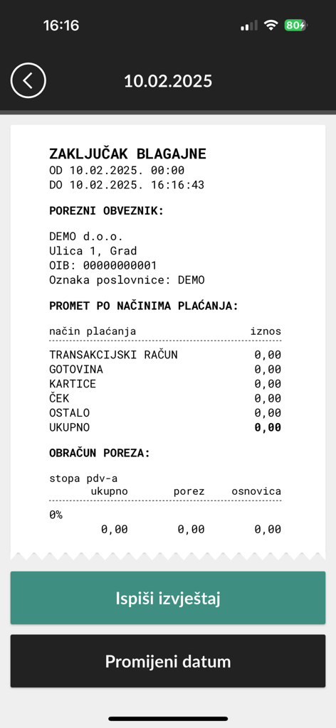 Mobilna fiskalna - Mobilna fiskalna App zeigt einen Kassenabschlussbericht für Unternehmen an