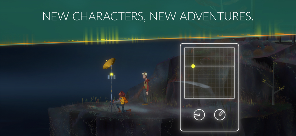 OXENFREE II: Lost Signals - Two characters in OXENFREE II using a radio device on a dark cliff with a frequency tuner interface overlay.
