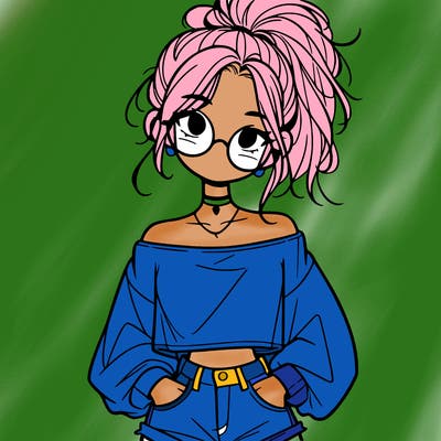 girl with a messy ponytail glasses a baggy crop top and jean shorts