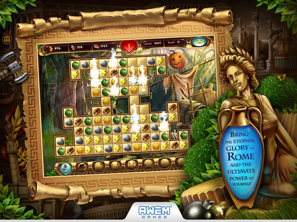 Cradle of Rome match-3 puzzle board with ancient Roman resource tiles and power-ups.