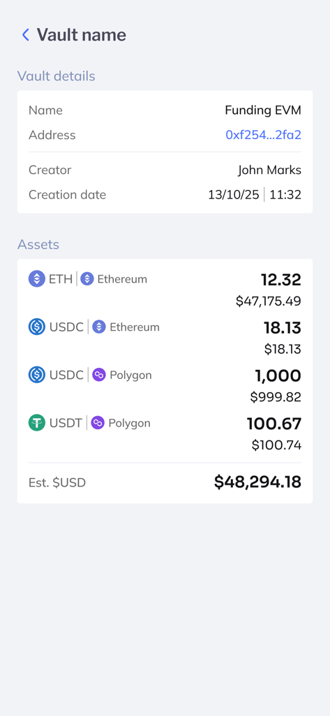 Fordefi app interface displaying vault details and a list of crypto assets including ETH and USDC