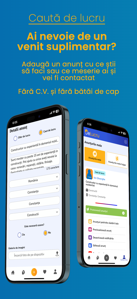 Interfaz de la app móvil DeLucru mostrando el proceso de creación y gestión de anuncios de servicios de empleo en rumano.