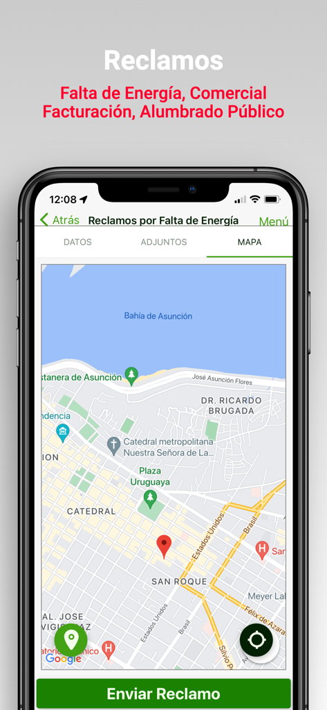 Mi ANDE - Map interface in Mi ANDE app for reporting power outages and utility issues in Paraguay