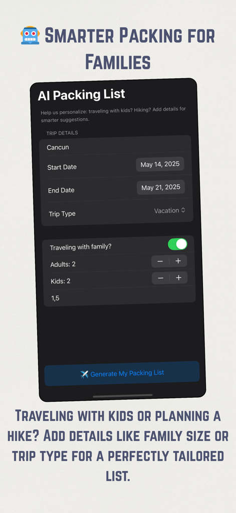 Interface do aplicativo TripList mostrando a configuração da lista de bagagem com IA para férias em família com campos específicos para número de adultos e idades das crianças.