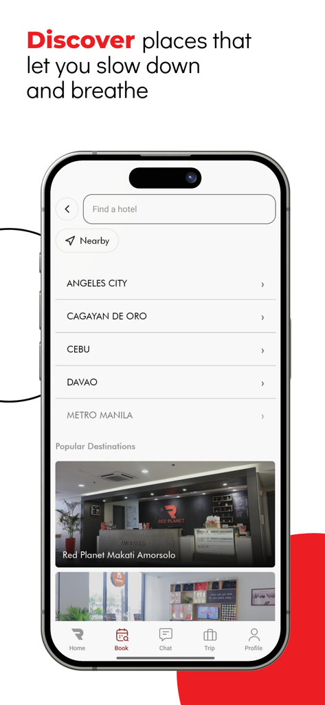 Interface of the Red Planet Hotel app showing a search bar and a list of popular destinations in the Philippines
