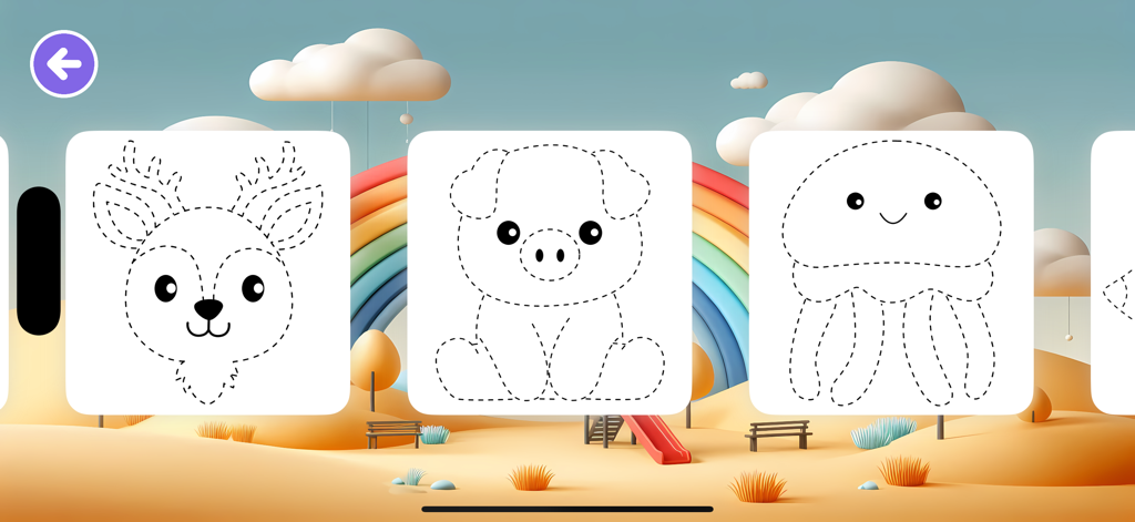 Animal tracing selection screen in the Relax and Draw app featuring a deer, pig, and jellyfish