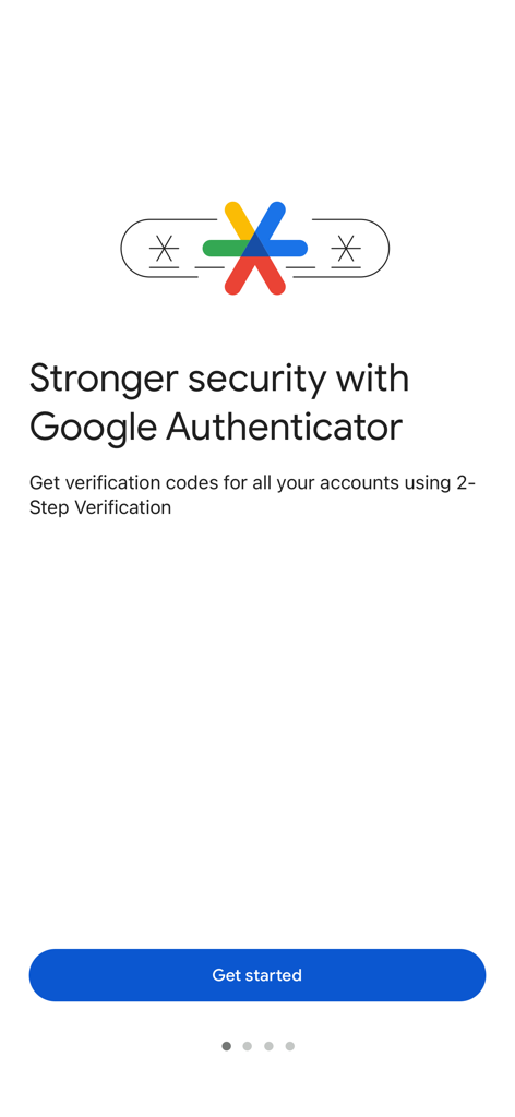 Onboarding screen for Google Authenticator explaining 2-step verification security