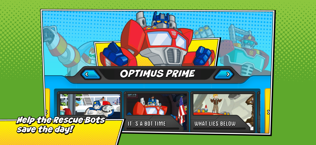 Transformers Rescue Bots! - Optimus Prime character selection screen in the Transformers Rescue Bots app
