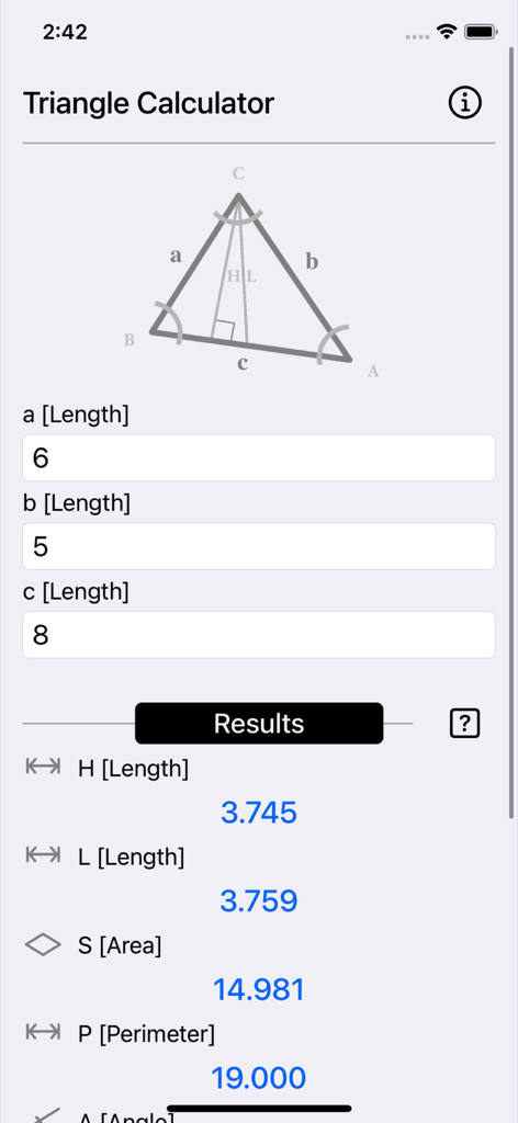 Triangle Calculator Plus - Triangle Calculator Plus app interface displaying side inputs and calculated geometric results including area and perimeter