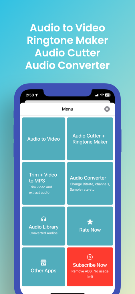 Mobile app menu showing video to mp3 conversion and ringtone maker features