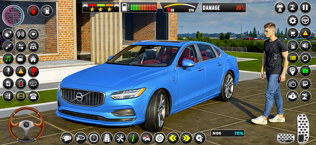 Driving School 3D : Car Games - A blue luxury sedan and a male character in a 3D driving simulator game interface with extensive dashboard controls.
