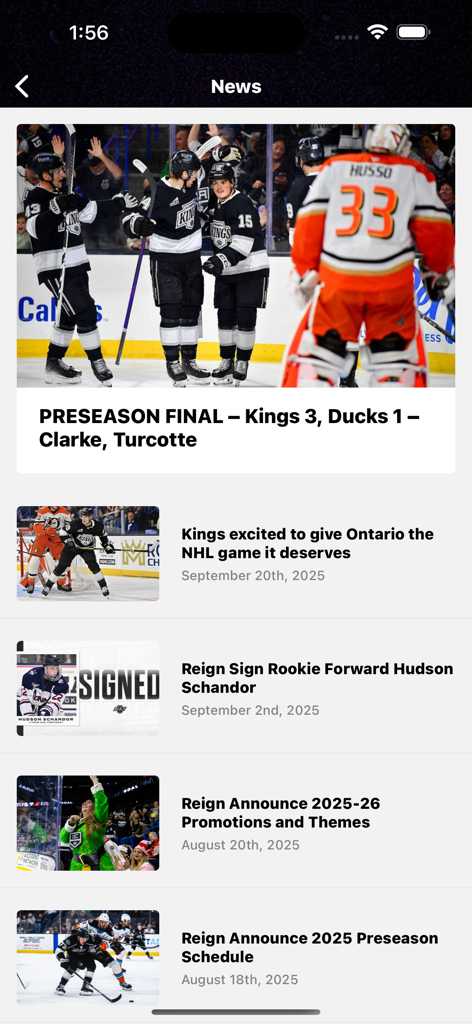 Ontario Reign - News feed screen from the Ontario Reign app displaying hockey articles and team updates.