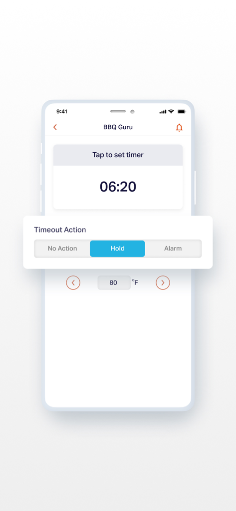 BBQ Guru - BBQ Guru app interface displaying a countdown timer and timeout action settings for temperature control