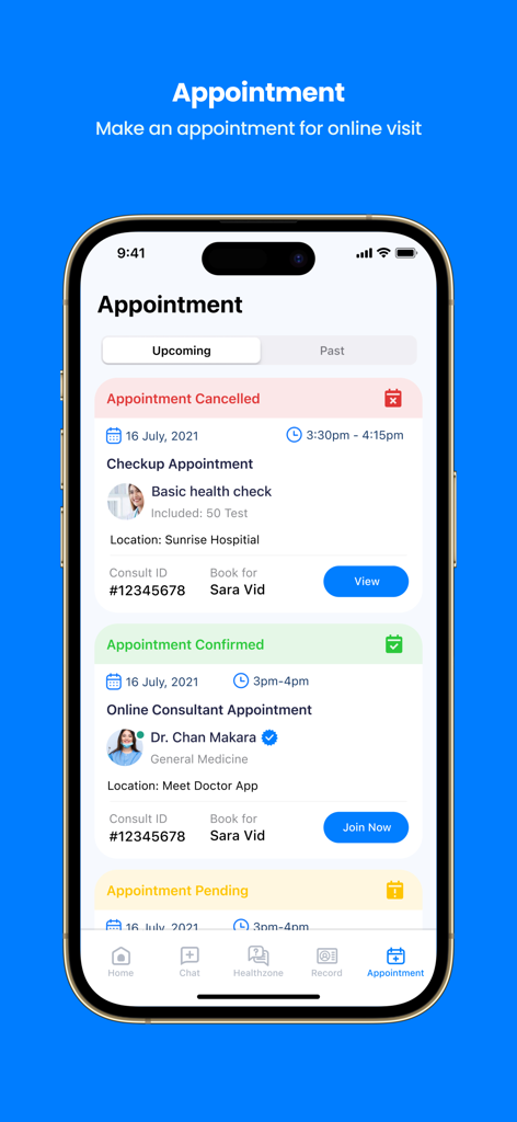 MeetDoctor - A smartphone display showing the appointment management interface of the MeetDoctor app with cancelled confirmed and pending medical consultations
