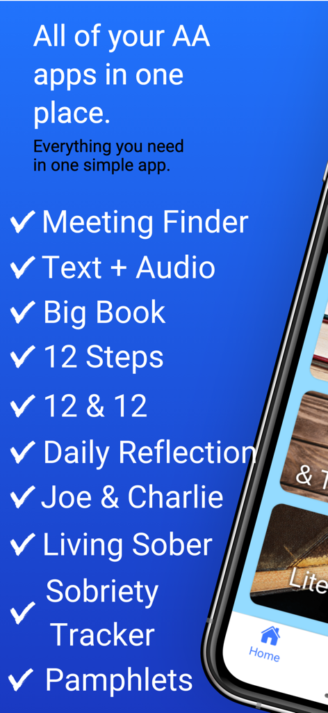 A list of features in the Everything AA app including Meeting Finder, Big Book, 12 Steps, and Sobriety Tracker.