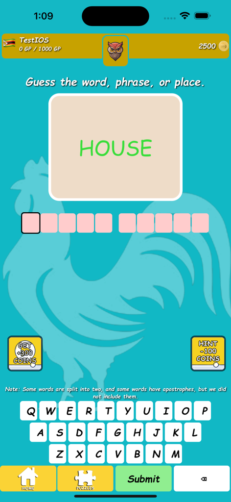 Rebus Puzzle: Brain Teaser - Gameplay screen of Rebus Puzzle showing a visual word clue with the word HOUSE and a keyboard for solving brain teasers
