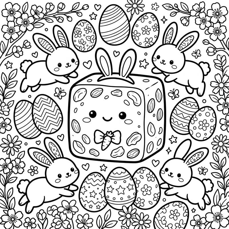 Dive into a world of cuteness with this delightful Kawaii coloring page, perfect for Easter celebrations. Featuring an adorable nougat character, playful bunnies, and beautifully patterned Easter eggs, this design promises hours of creative joy.