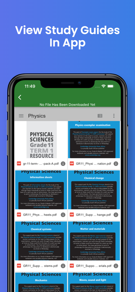 Mobile app screen showing a library of Physics study guides for Grade 11