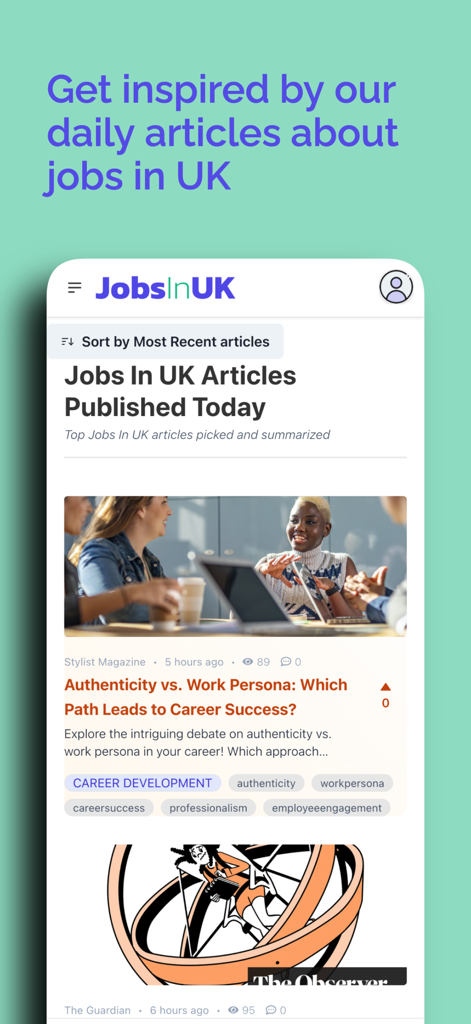 JobsInUK.app - Find Jobs in UK - JobsInUK app screen showing daily career articles and professional development insights