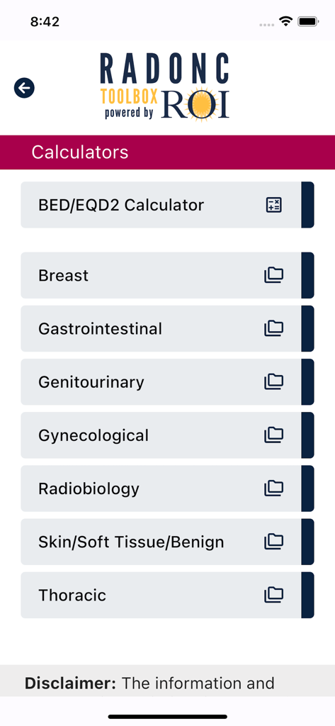 RO Toolbox - Menu of clinical calculators and categories in the RO Toolbox app for radiation oncology