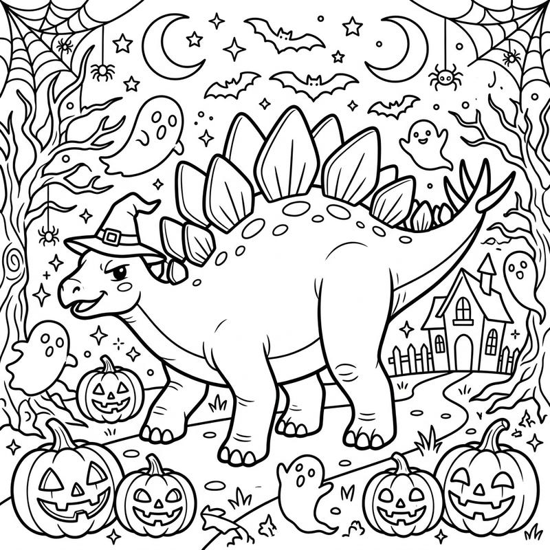 Join a friendly Stegosaurus on a festive Halloween adventure, complete with a witch hat and playful spooky surroundings. This delightful coloring page combines prehistoric charm with holiday fun, perfect for all ages.