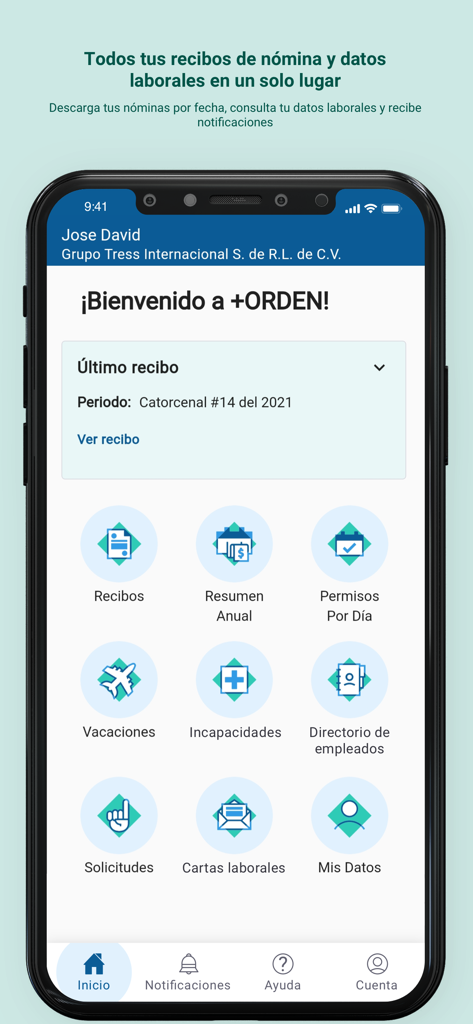 Pantalla de inicio de la aplicación de RR.HH. Mas Orden que muestra iconos para recibos de nómina, vacaciones y gestión de datos personales.