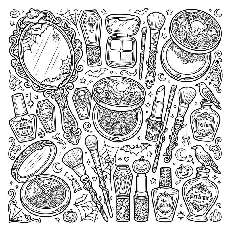 Step into a world where beauty meets the macabre with this captivating Gothic Halloween makeup coloring page. Discover intricately designed compacts, skull-adorned brushes, and coffin-shaped lipsticks, all ready for your creative touch.