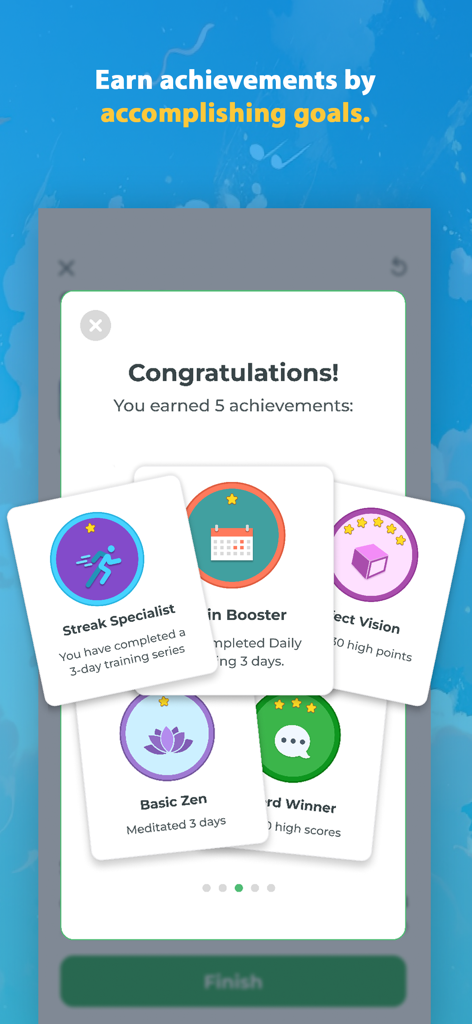 Brainwell Brain Training Games - Brainwell app screen displaying five achievement badges for completing cognitive training and meditation goals