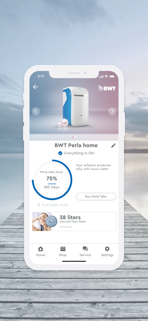 BWT Best Water Home - Interfaz de la app BWT Best Water Home que muestra el estado del ablandador de agua Perla y los niveles de sal