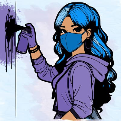 realistic girl with mask spray painting a wall