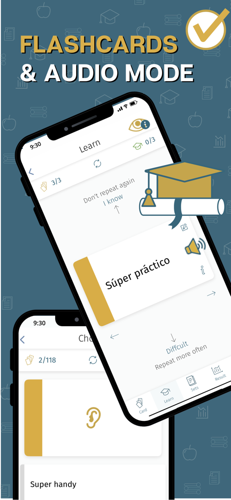 MemoWord app interface showing flashcards and audio learning mode for vocabulary