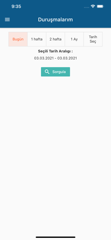 Interface móvel do aplicativo e-Adalet Vatandaş, mostrando a tela de pesquisa de data de audiência com filtros de data