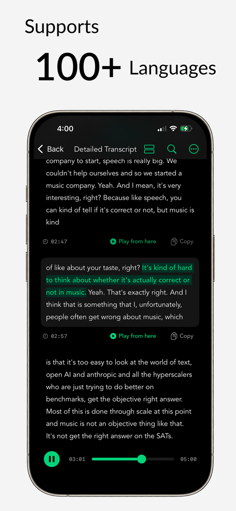 A screenshot of Whisper Notes app showing a detailed audio transcript and a header mentioning support for over 100 languages