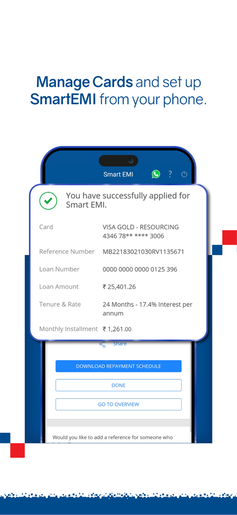 HDFC Bank mobile app screen showing a successful Smart EMI application confirmation with loan details and repayment options.