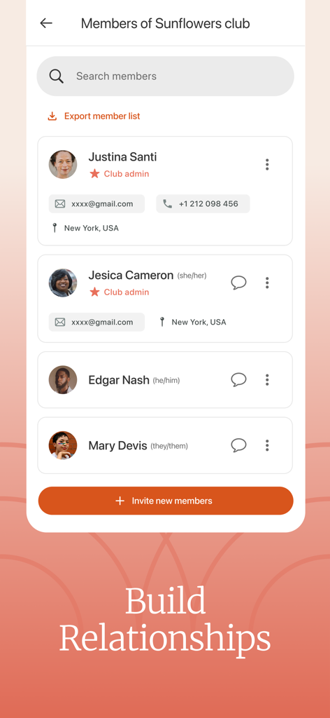 A list of book club members with contact information and an invite button in the Bookclubs app