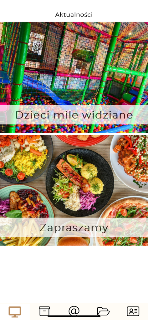 Aldente Bistro app news screen showing a children play area and a variety of food plates