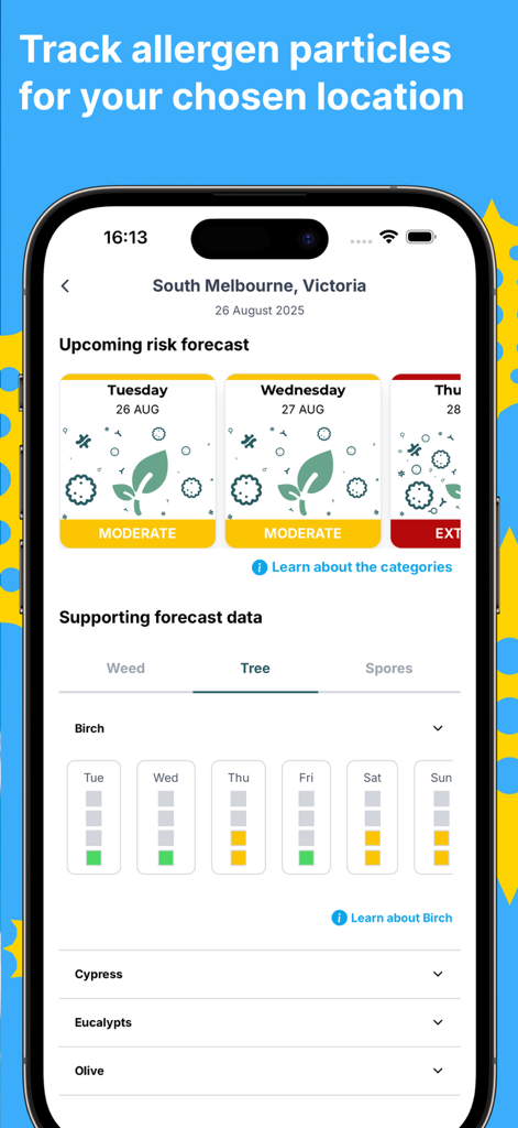 Melbourne Pollen Count - A mobile app interface showing a three-day pollen risk forecast and detailed allergen data for trees in South Melbourne.
