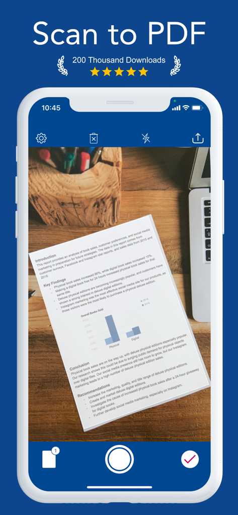 PDF Scanner to scan Document.s - A smartphone screen showing the Scan to PDF app interface scanning a document on a wooden desk